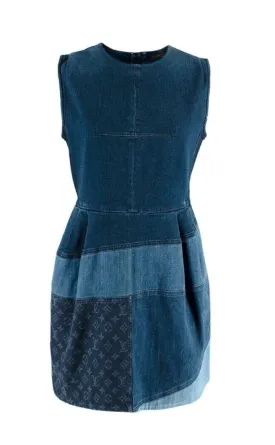 $3000 Louis Vuitton Blue Denim Patchwork Monogram Sleeveless Mini Dress F 40 L ladies