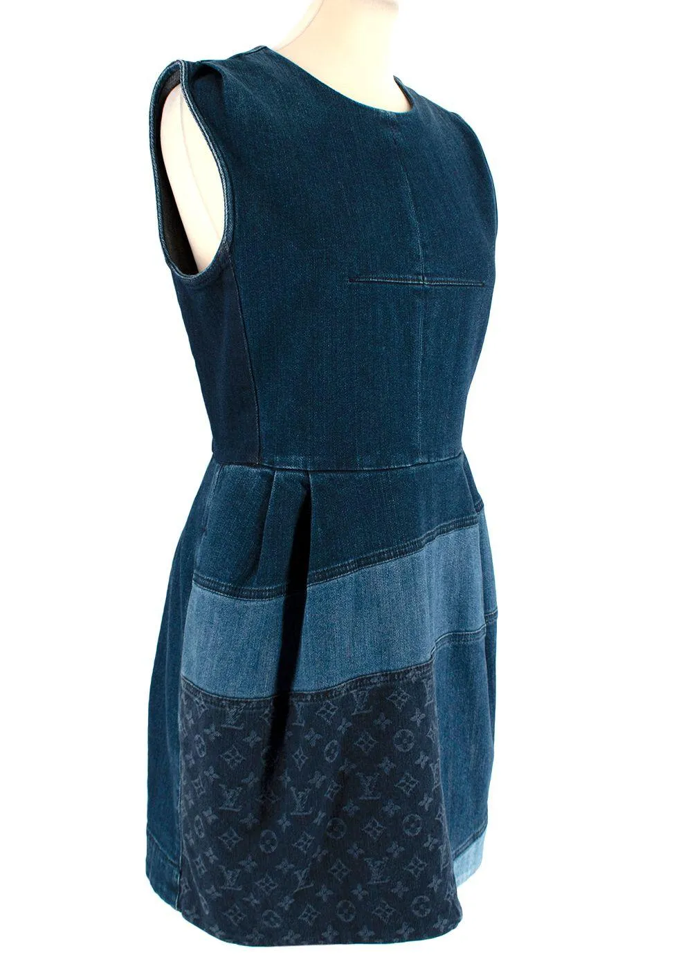 $3000 Louis Vuitton Blue Denim Patchwork Monogram Sleeveless Mini Dress F 40 L ladies
