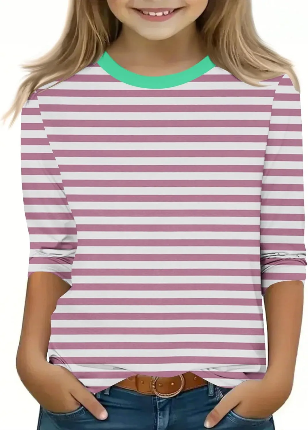 3/4 Length Sleeve Girls Tops Cute Graphic Tees Basic Crewneck Tops Trendy Blouses Back to School Outfits for Girls