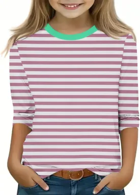 3/4 Length Sleeve Girls Tops Cute Graphic Tees Basic Crewneck Tops Trendy Blouses Back to School Outfits for Girls