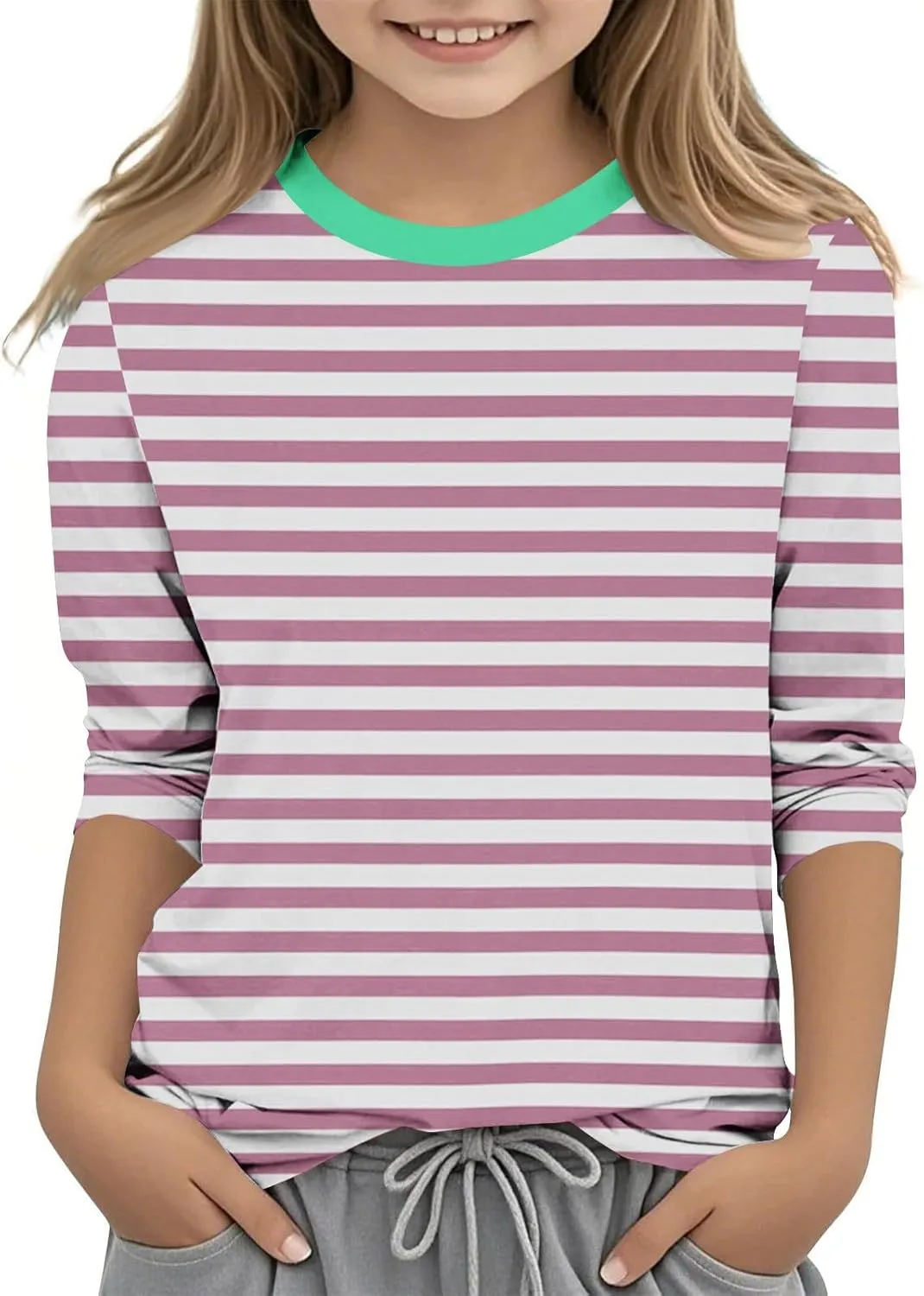 3/4 Length Sleeve Girls Tops Cute Graphic Tees Basic Crewneck Tops Trendy Blouses Back to School Outfits for Girls