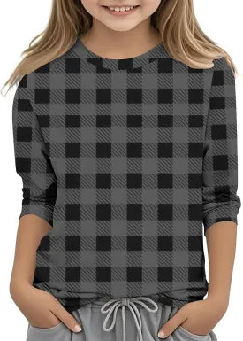 3/4 Length Sleeve Girls Tops Cute Plaid Print Tees Basic Crewneck Tops Trendy Blouses Back to School Outfits for Girls