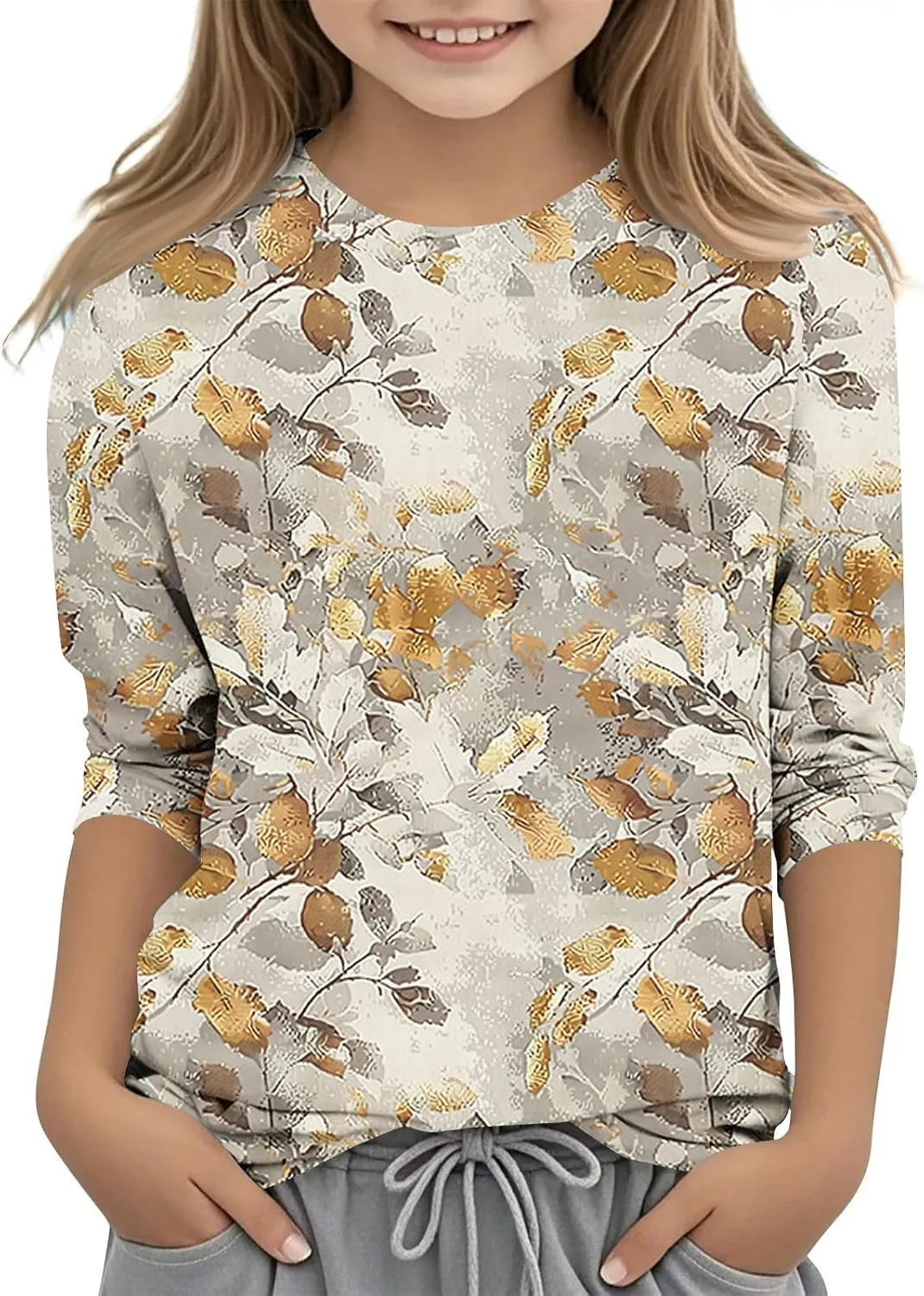 3/4 Sleeve Length Sleeve Girls Tops Funny Leaf Print Shirts 2025 Trendy Summer Tshirts Cute Preppy Blouses Outfits