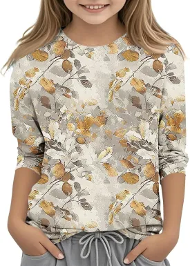 3/4 Sleeve Length Sleeve Girls Tops Funny Leaf Print Shirts 2025 Trendy Summer Tshirts Cute Preppy Blouses Outfits