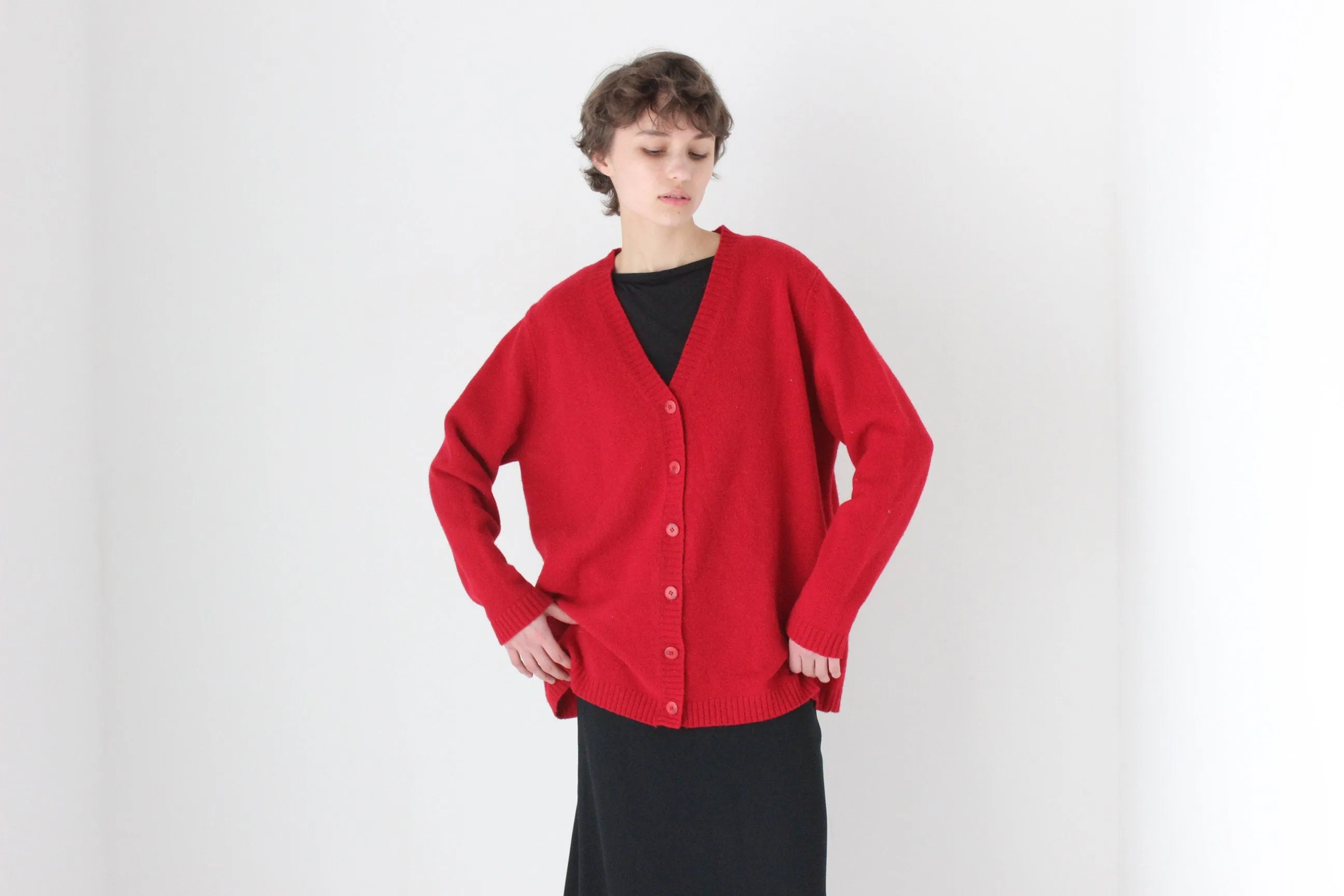 90s Pure Lambswool Oversized   Slouchy V Neck Cardigan