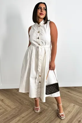 Arturo Dress - Collared Button Denim Midi - White