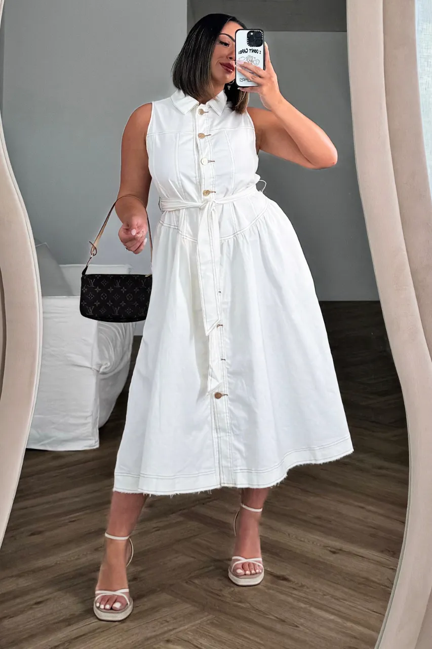 Arturo Dress - Collared Button Denim Midi - White