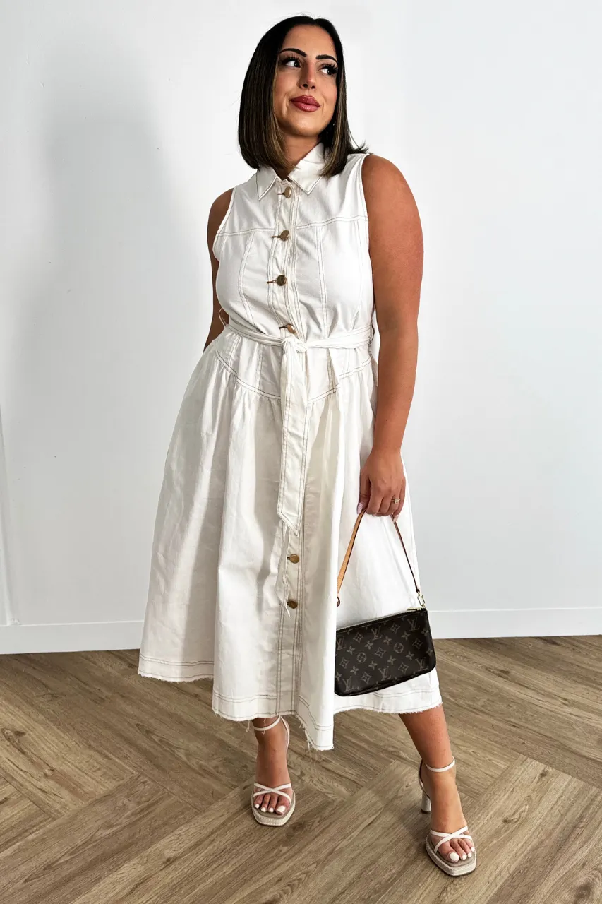 Arturo Dress - Collared Button Denim Midi - White
