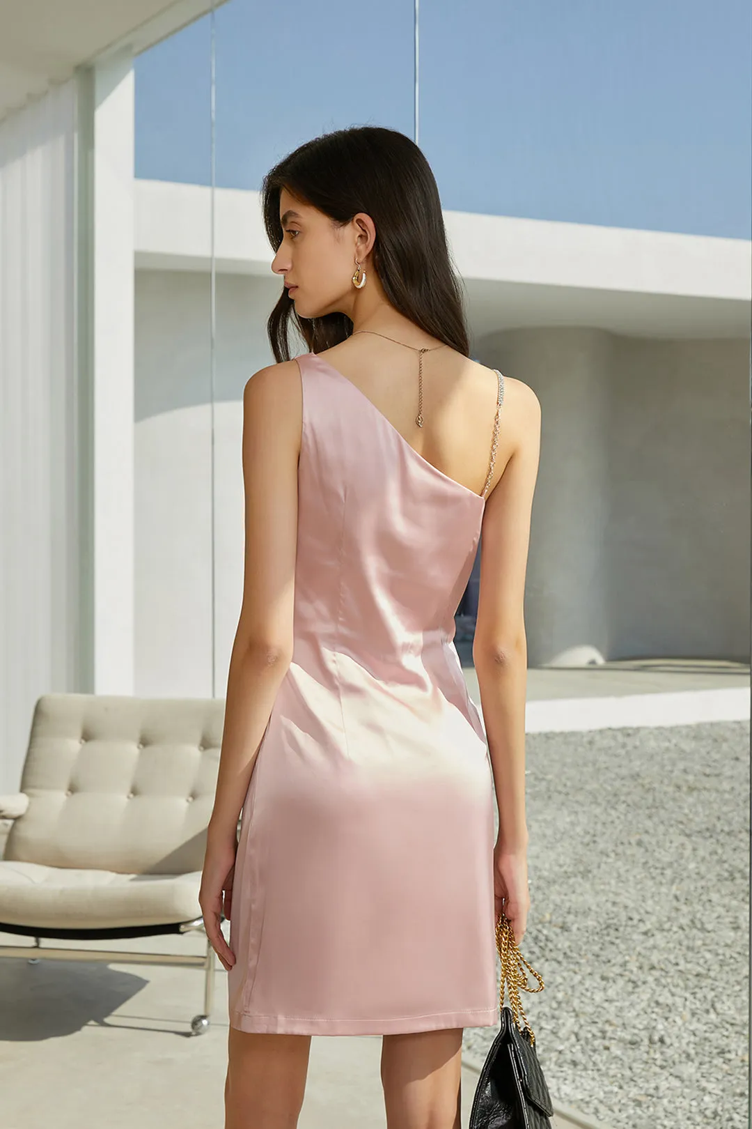 Asymmetric suspender dress | Thin cherry pink dress | Holiday dress