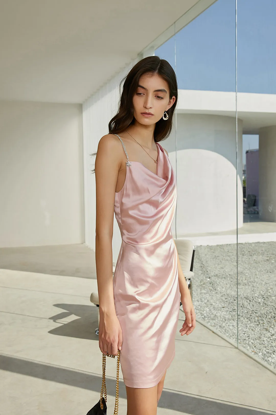 Asymmetric suspender dress | Thin cherry pink dress | Holiday dress