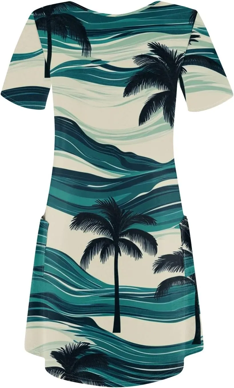 Beach Vacation Clothes for Women Summer Spring Dresses 2025 Middle Sleeve Round Neck Casual Sundress with Pocket