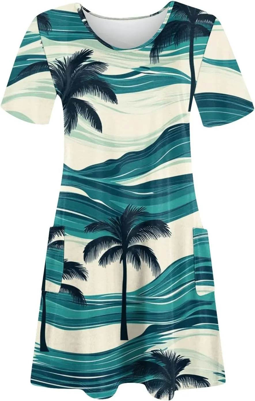 Beach Vacation Clothes for Women Summer Spring Dresses 2025 Middle Sleeve Round Neck Casual Sundress with Pocket