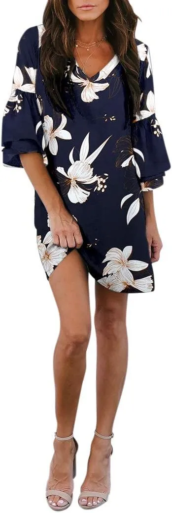 BELONGSCI Women's 2025 Summer Dress Sweet & Cute V-Neck Bell Sleeve Mini Shift Dress, Perfect for Wedding or Graduation