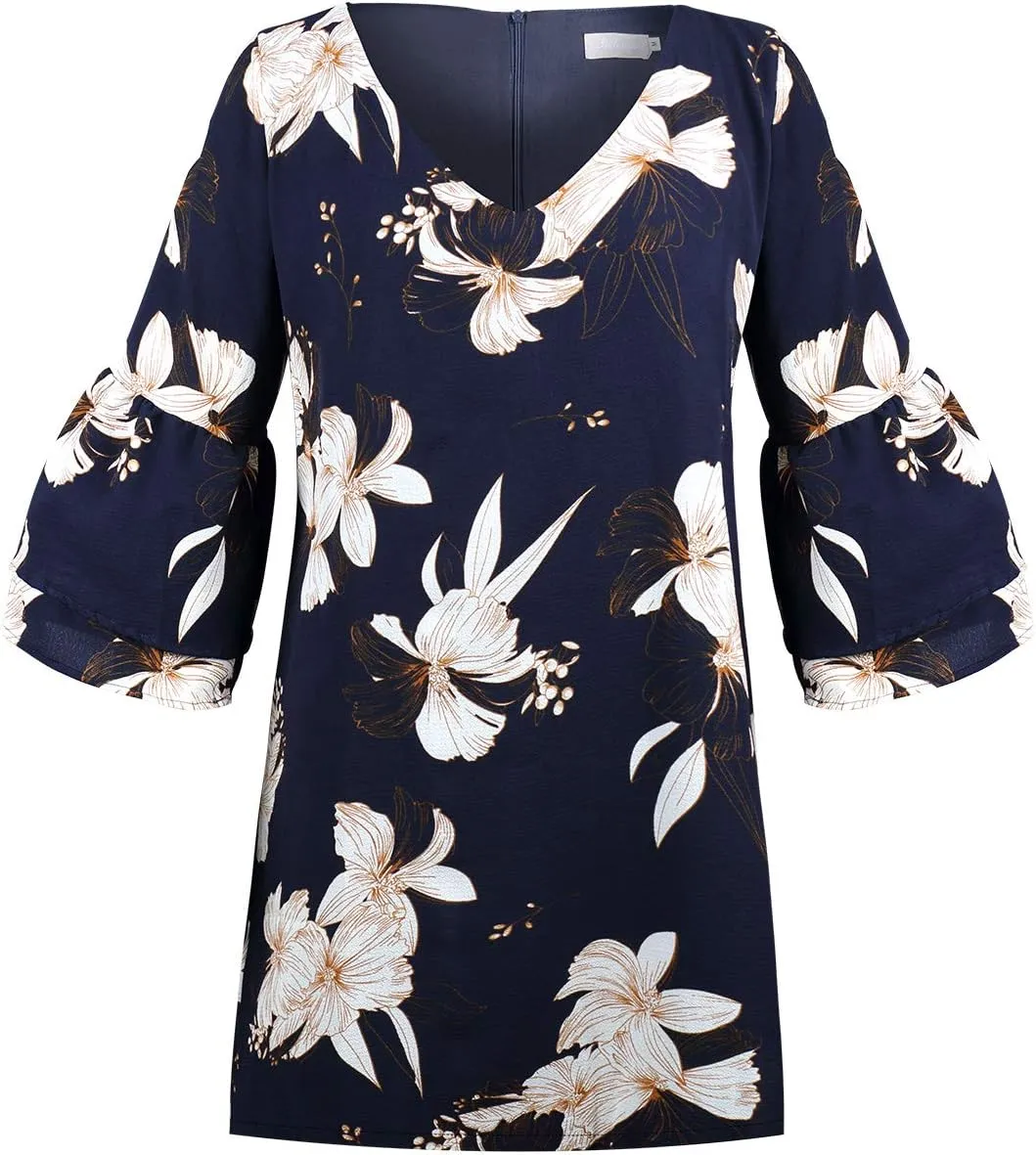 BELONGSCI Women's 2025 Summer Dress Sweet & Cute V-Neck Bell Sleeve Mini Shift Dress, Perfect for Wedding or Graduation