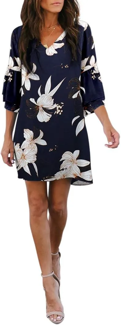 BELONGSCI Women's 2025 Summer Dress Sweet & Cute V-Neck Bell Sleeve Mini Shift Dress, Perfect for Wedding or Graduation