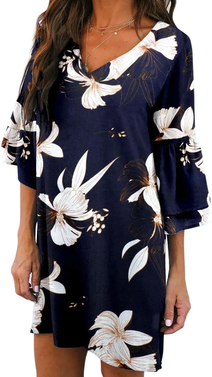 BELONGSCI Women's 2025 Summer Dress Sweet & Cute V-Neck Bell Sleeve Mini Shift Dress, Perfect for Wedding or Graduation