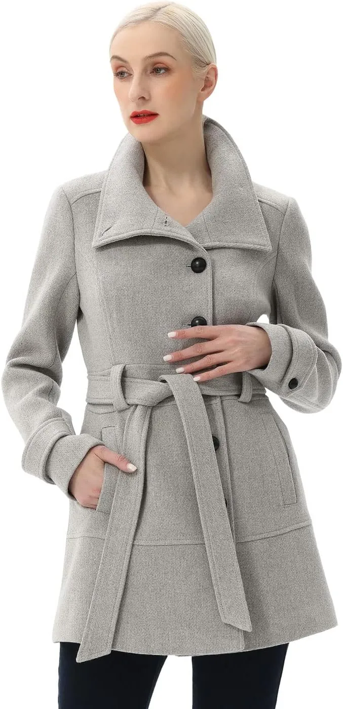 BGSD Women Boucle Wool Belted Belted Walking Coat