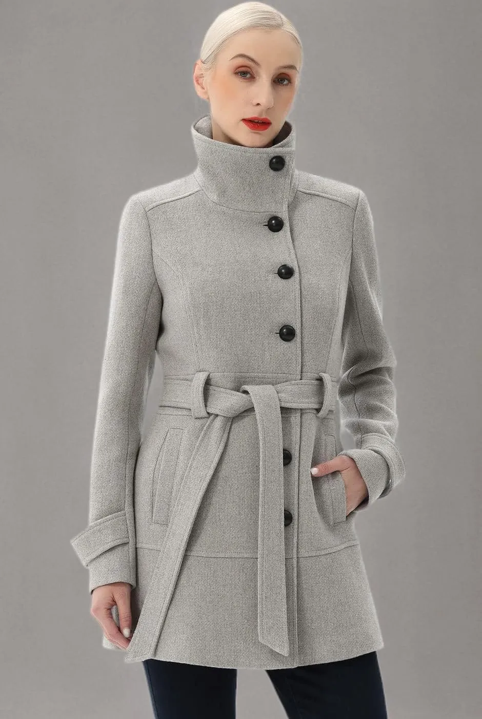 BGSD Women Boucle Wool Belted Belted Walking Coat