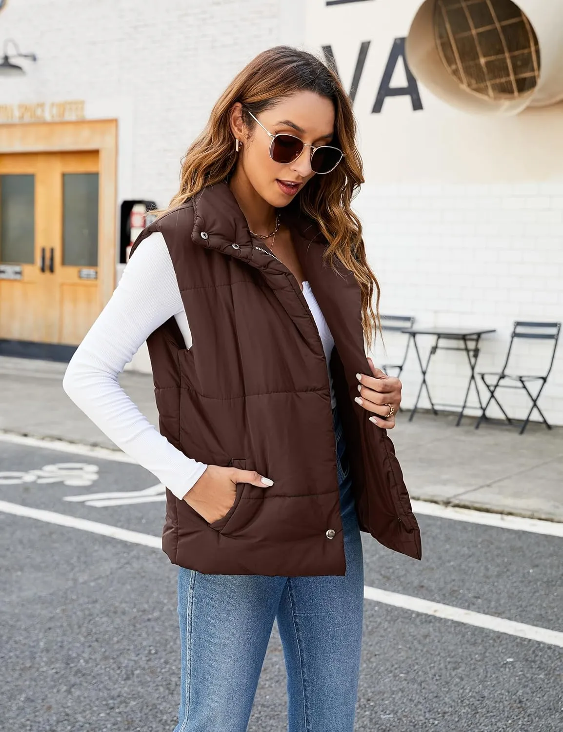 Blooming Jelly Womens Zip Up Puffer Vest Stand-up Collar Jacket Vests Outerwear With Pockets 2024