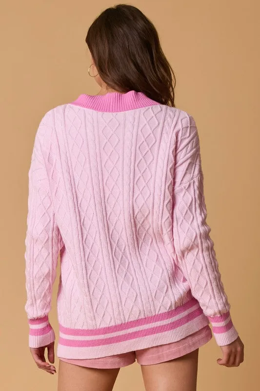 Cable Cardigan With Bow Tacking