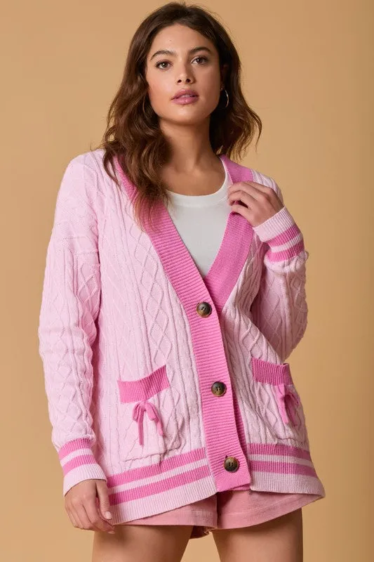 Cable Cardigan With Bow Tacking
