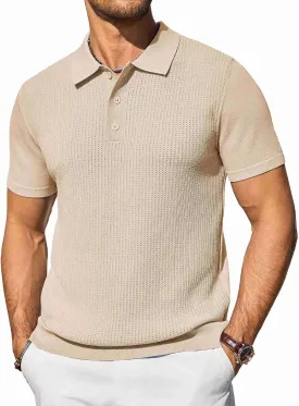 COOFANDY Men's Knit Polo Shirts Short Sleeve Casual Button Down Shirts Vintage Collared Golf Shirts