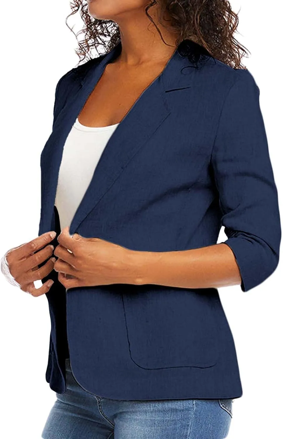 Cotton Linen Blazer Women 3/4 Stretchy Ruched Sleeve Fully Lined Boyfriend Lightweight Breathable Casual Work Jacket