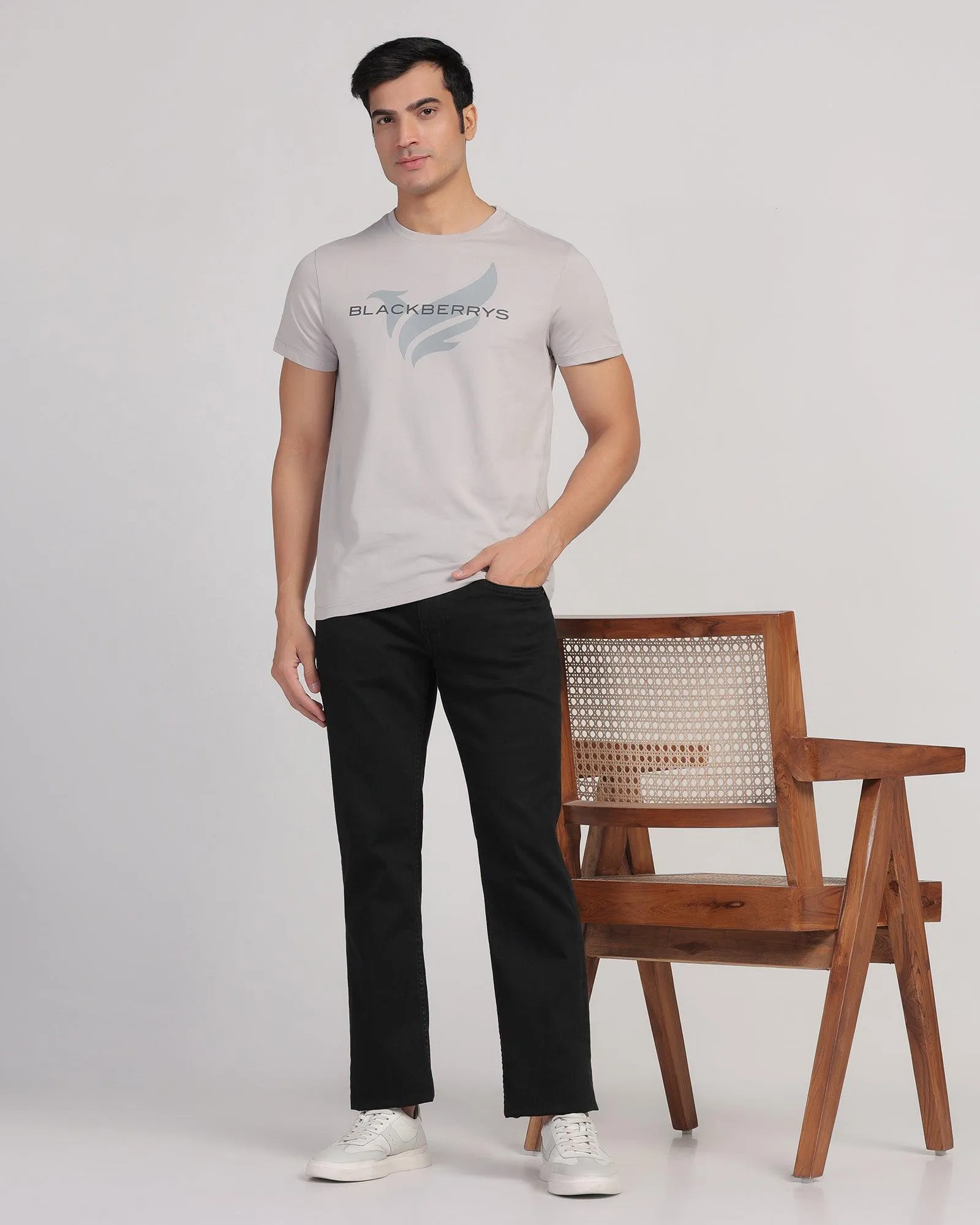 Crew Neck Light Grey Printed T-Shirt - Dote