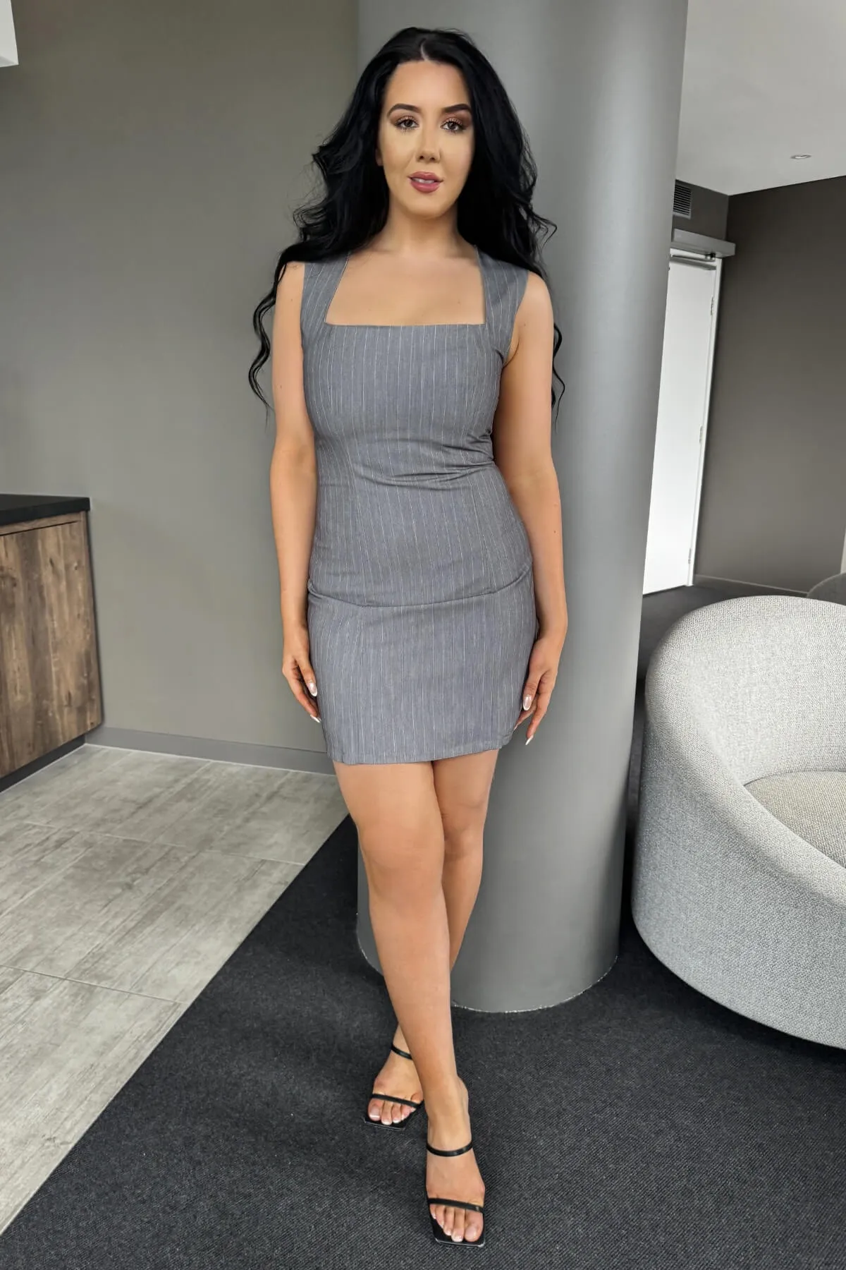 Della Mini Dress - Pinstripe Square Neck Dress - Grey