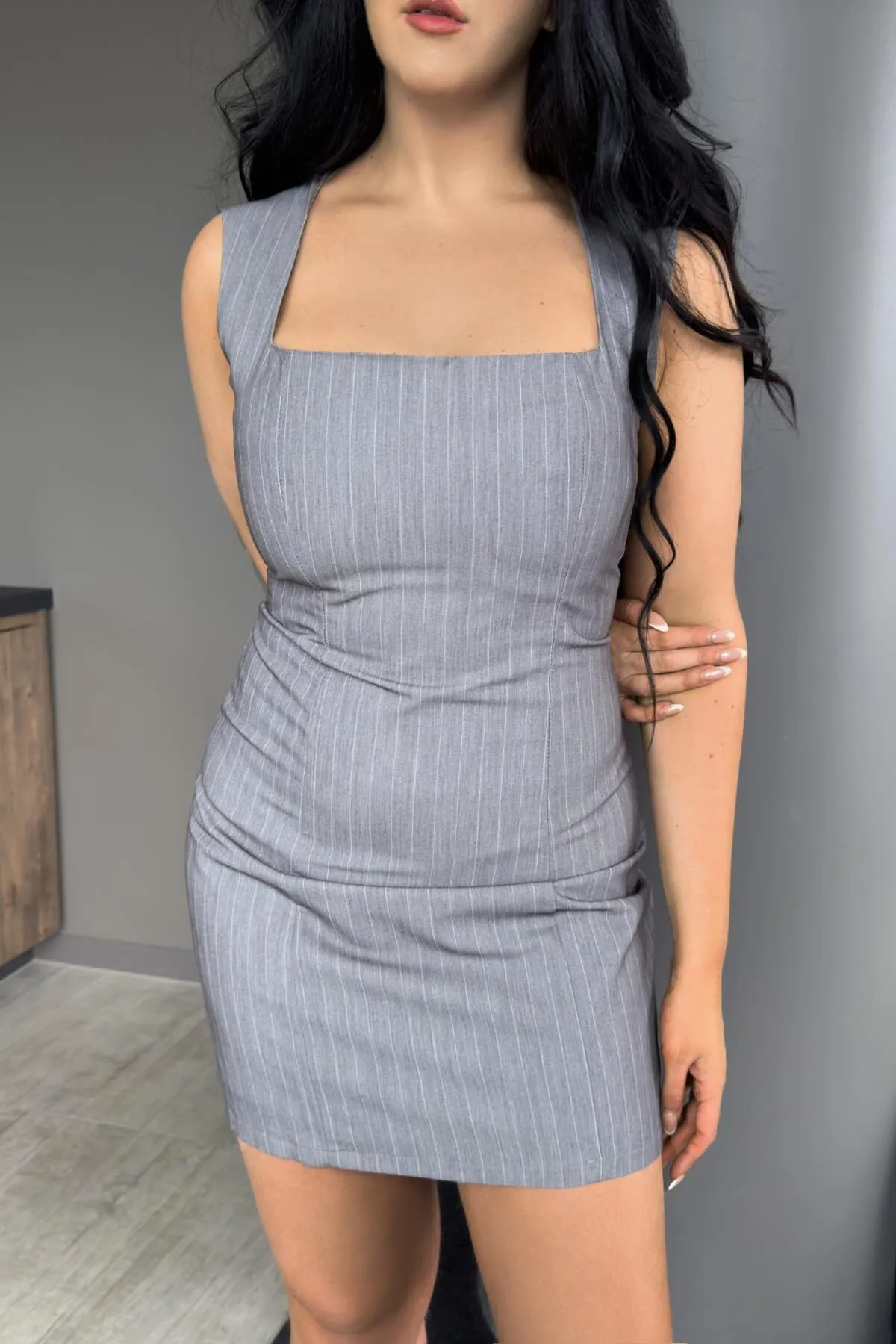 Della Mini Dress - Pinstripe Square Neck Dress - Grey