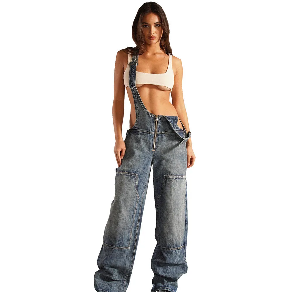 Denim multi-pocket jumpsuit