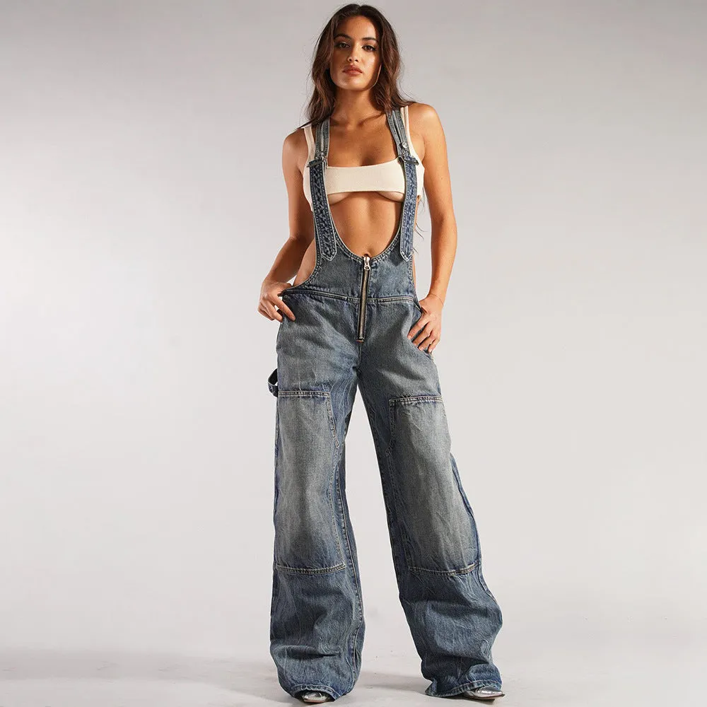 Denim multi-pocket jumpsuit