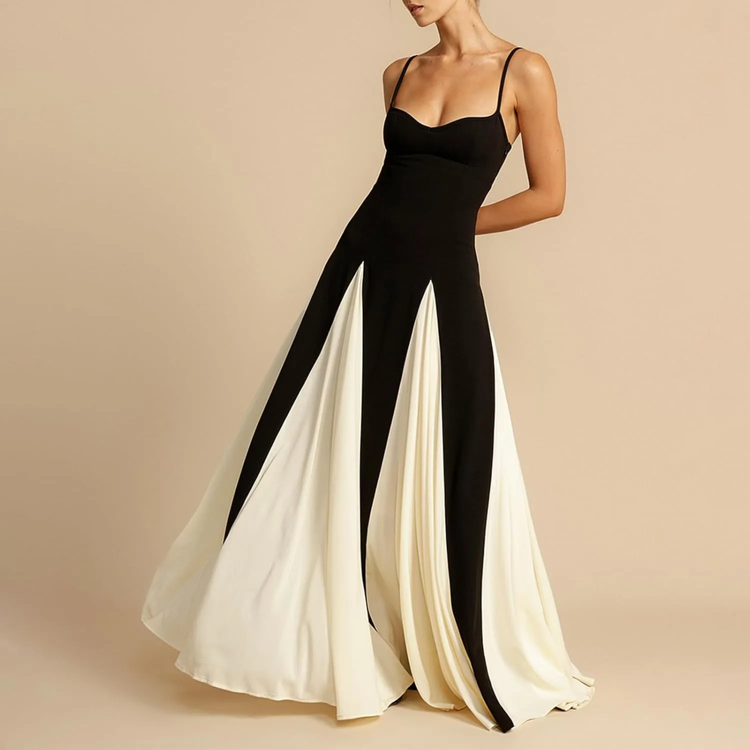 Elegant Sleeveless Color Block Pleated Maxi Dress for Women Low Cut Patchwork High Waist A Line Flowy Sling Dress