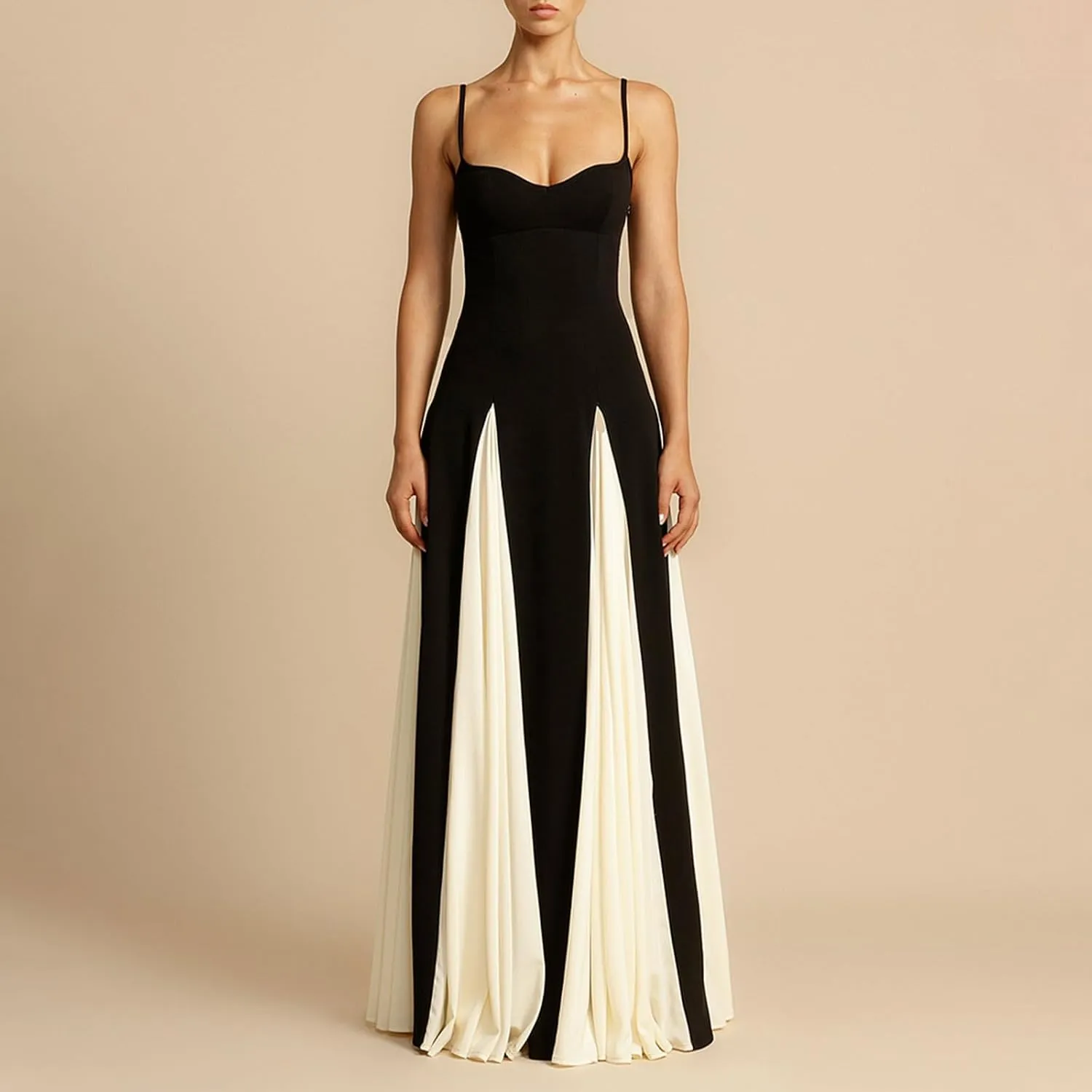Elegant Sleeveless Color Block Pleated Maxi Dress for Women Low Cut Patchwork High Waist A Line Flowy Sling Dress