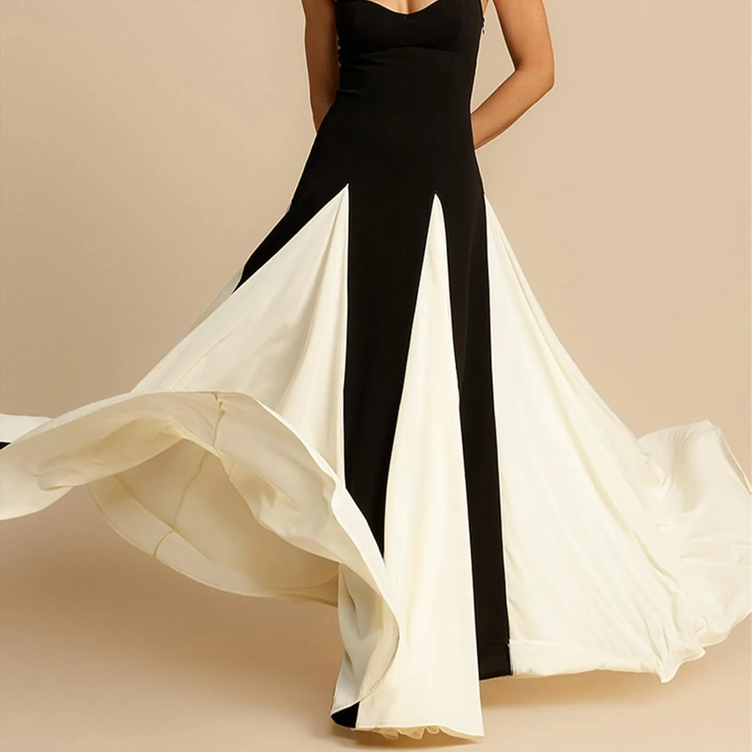 Elegant Sleeveless Color Block Pleated Maxi Dress for Women Low Cut Patchwork High Waist A Line Flowy Sling Dress