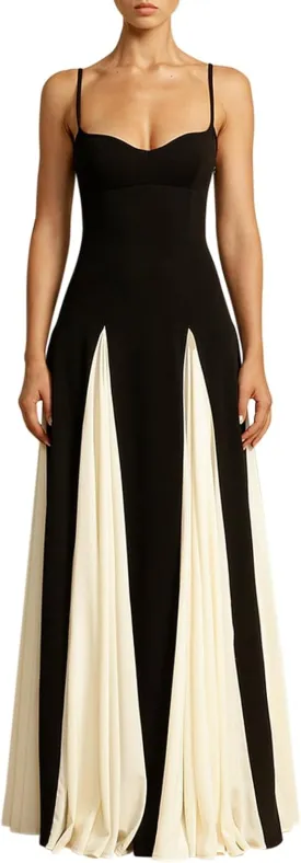 Elegant Sleeveless Color Block Pleated Maxi Dress for Women Low Cut Patchwork High Waist A Line Flowy Sling Dress