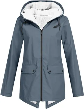 Fleece Lined Raincoat for Women Solid Color Waterproof Jackets with Hood Lightweight Outdoor Windbreaker Jacket