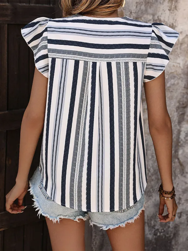 Floriana Women's New Contrast Striped Lotus Leaf Flying Sleeve Pullover Shirt