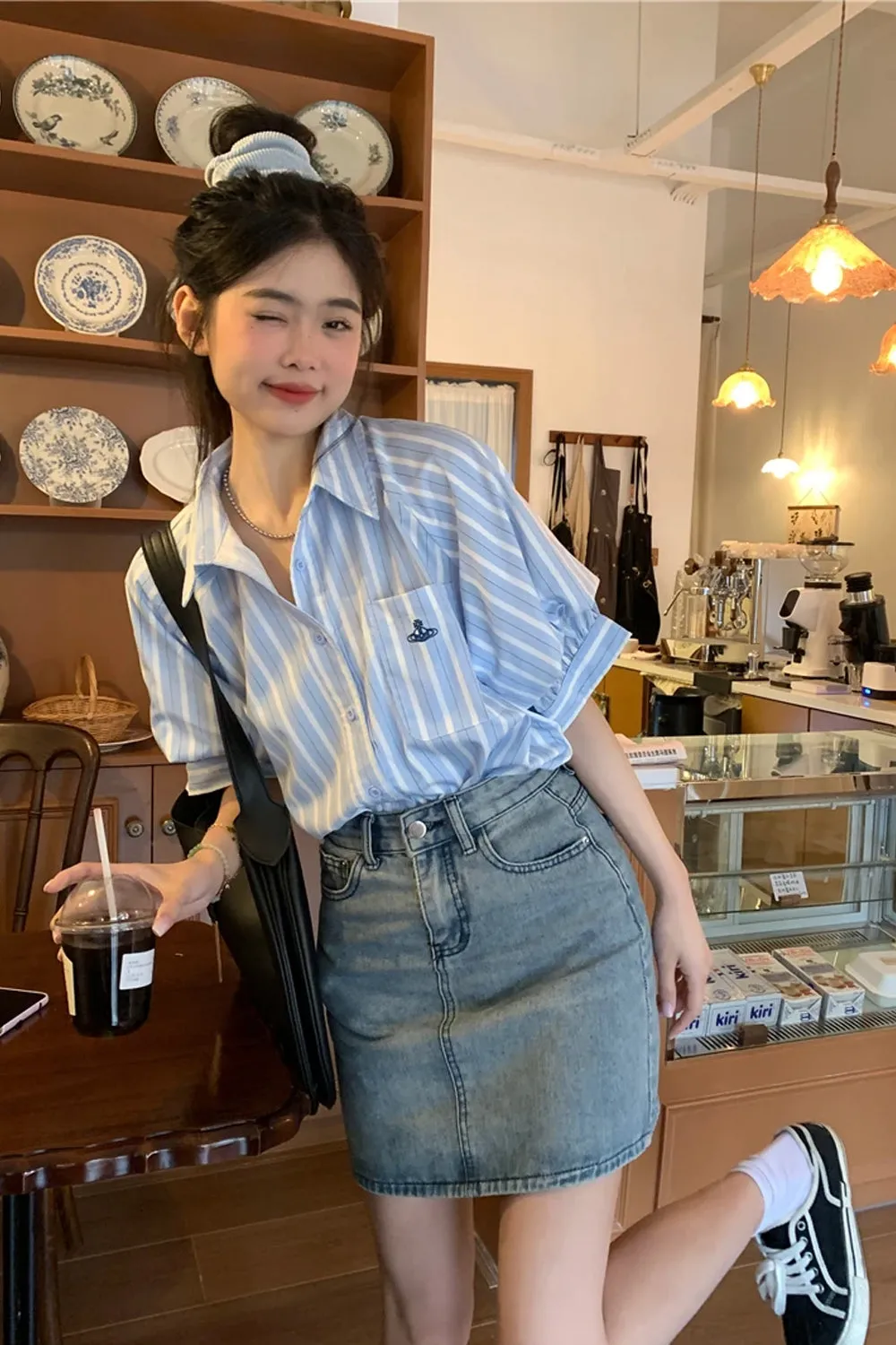 Flytonn-cute winter outfits casual winter outfits christmas outfit party look inspos Short Sleeve Vertical Striped Blouse Shirts