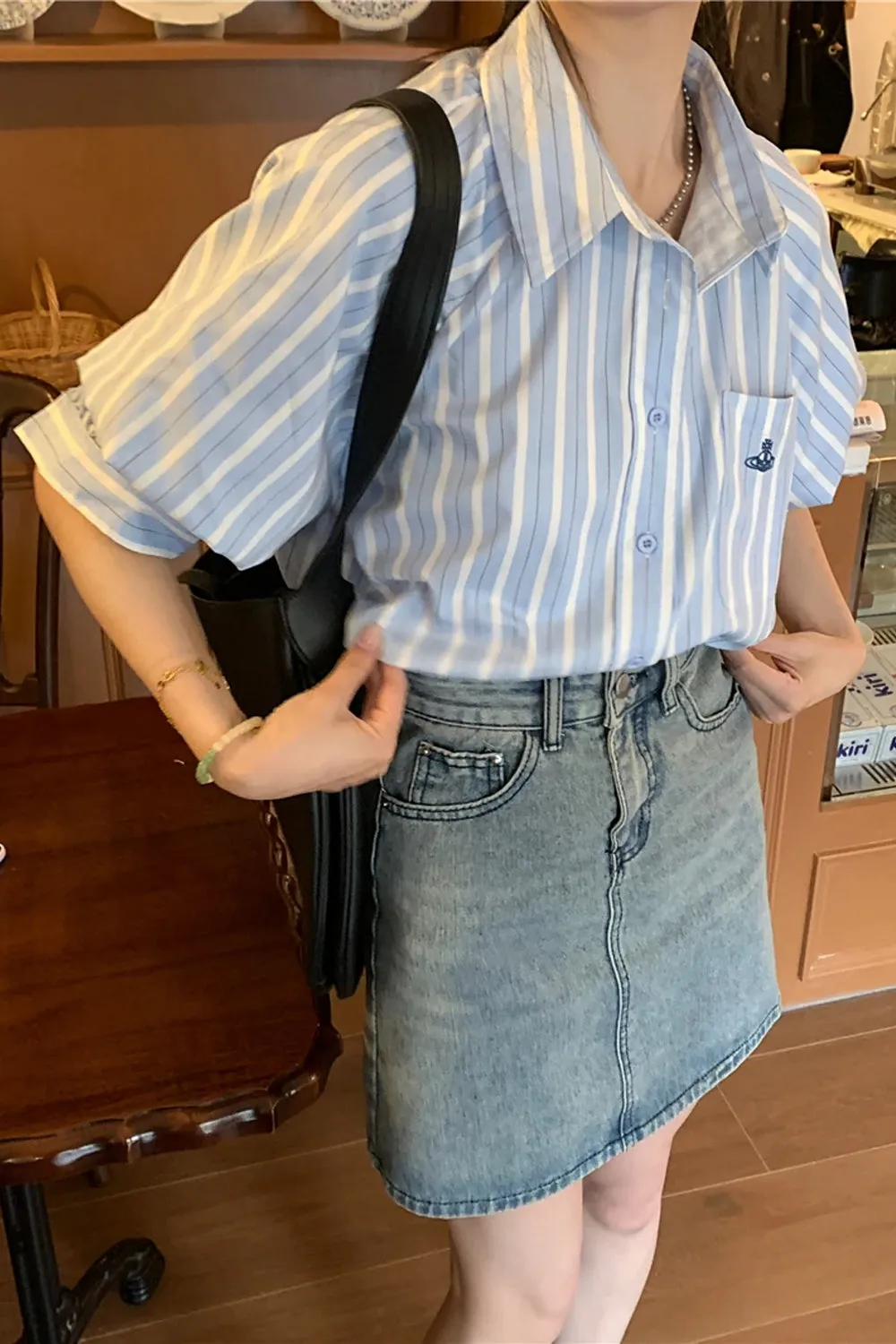 Flytonn-cute winter outfits casual winter outfits christmas outfit party look inspos Short Sleeve Vertical Striped Blouse Shirts
