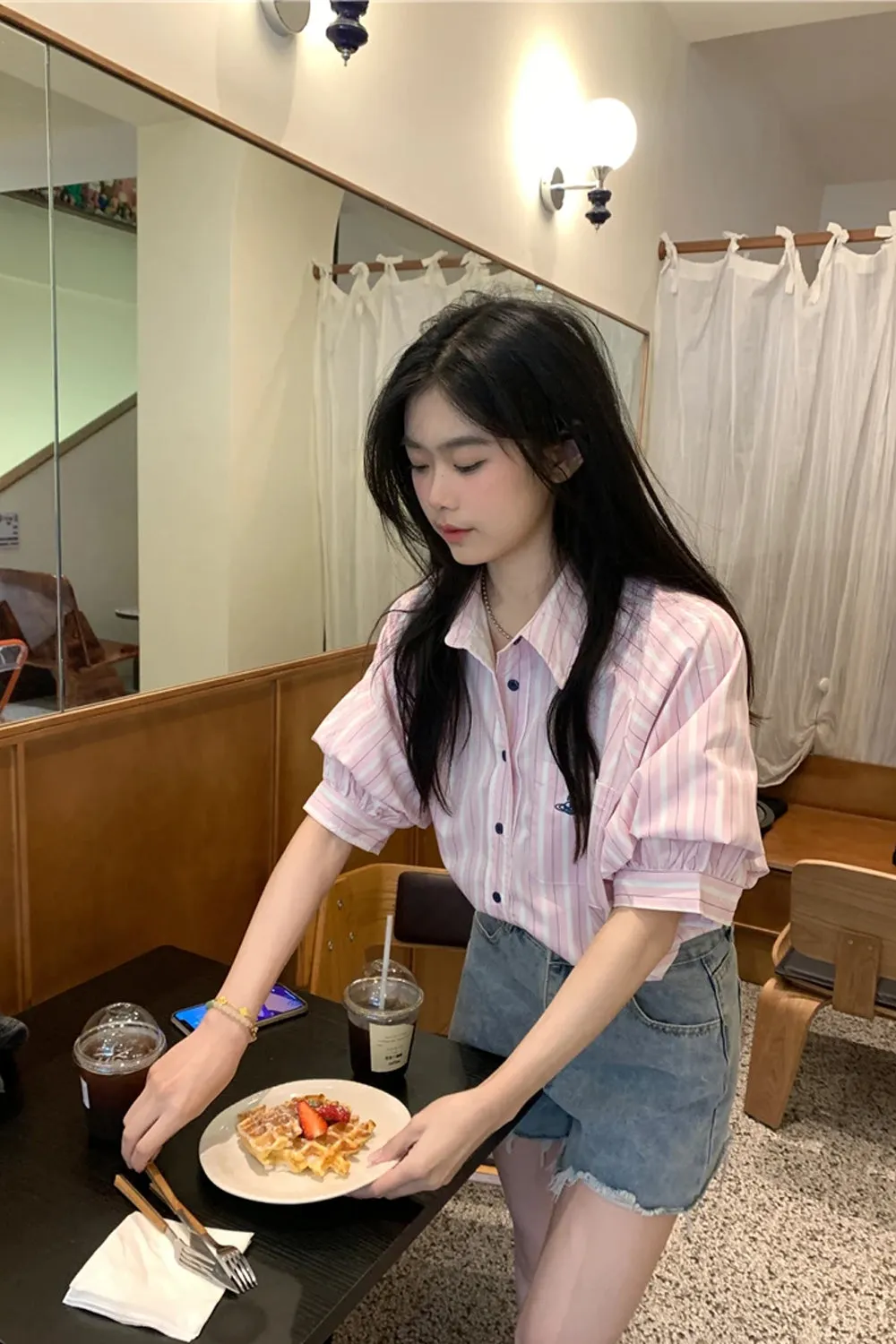 Flytonn-cute winter outfits casual winter outfits christmas outfit party look inspos Short Sleeve Vertical Striped Blouse Shirts