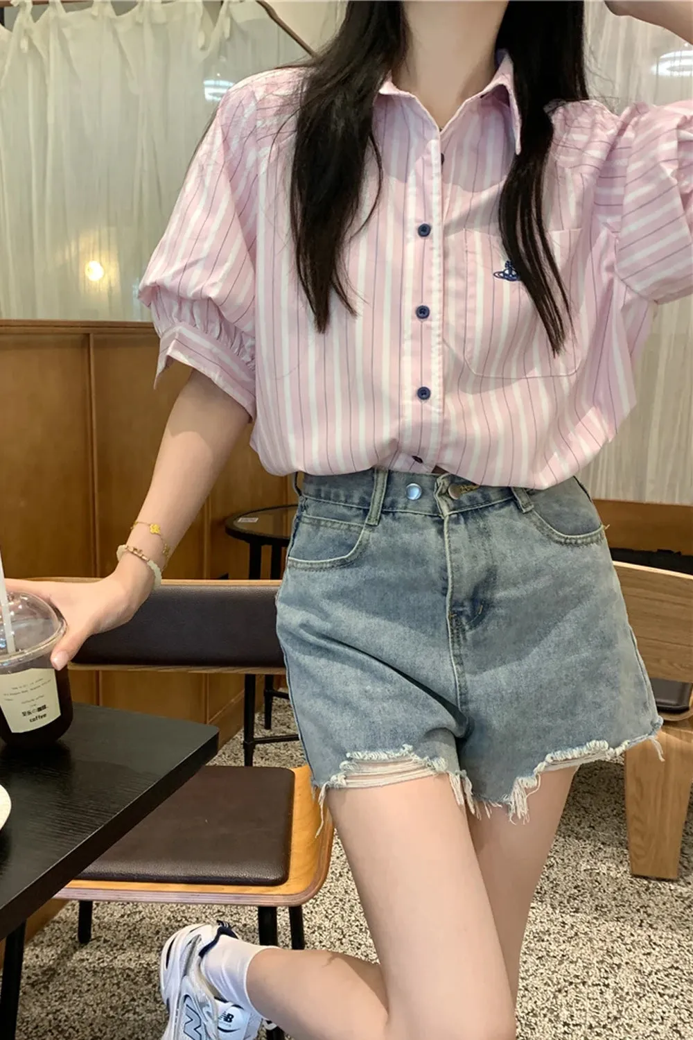 Flytonn-cute winter outfits casual winter outfits christmas outfit party look inspos Short Sleeve Vertical Striped Blouse Shirts