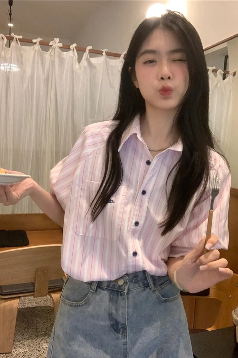 Flytonn-cute winter outfits casual winter outfits christmas outfit party look inspos Short Sleeve Vertical Striped Blouse Shirts