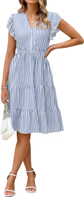 Glamaker Floral Tiered Midi Sundress Casual Summer V Neck Flutter Sleeve Striped Sun Dress with Pockets