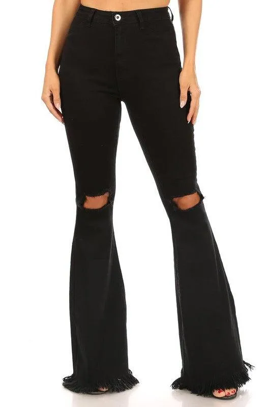 GP3325 Stretch high waist bell bottom with ripped knee & frayed hem