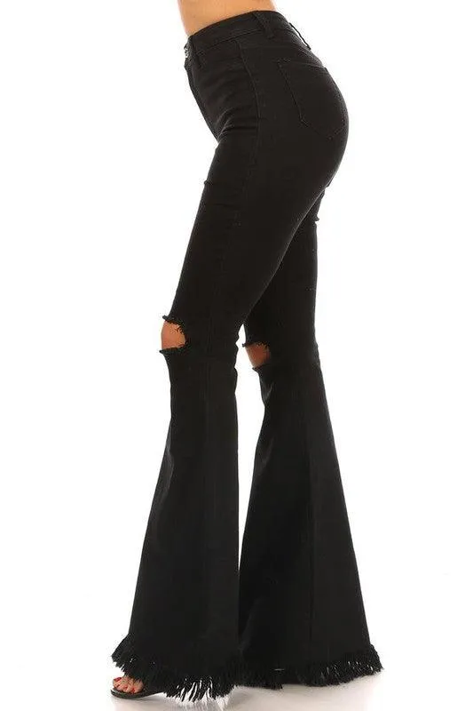 GP3325 Stretch high waist bell bottom with ripped knee & frayed hem