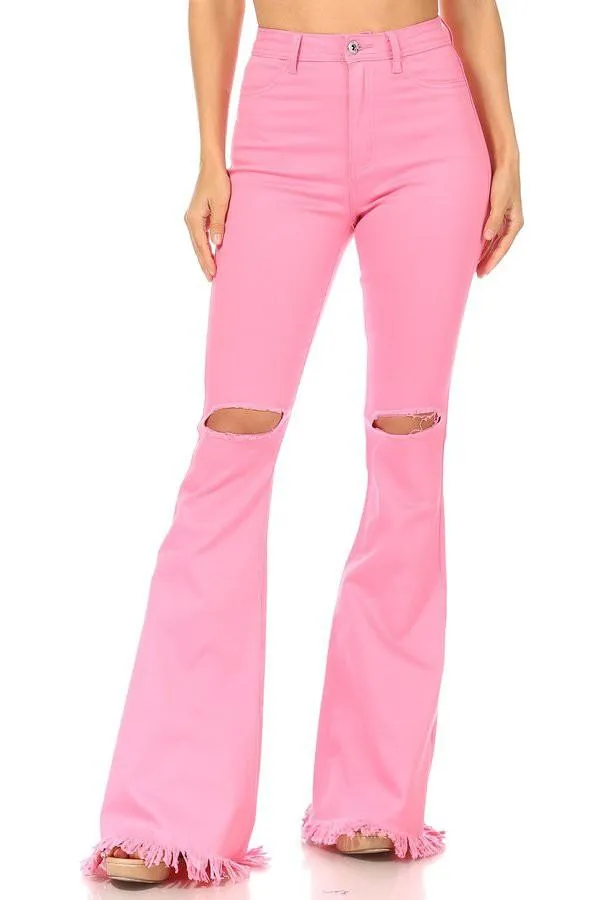 GP3325 Stretch high waist bell bottom with ripped knee & frayed hem