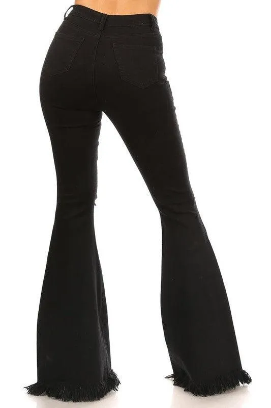 GP3325 Stretch high waist bell bottom with ripped knee & frayed hem