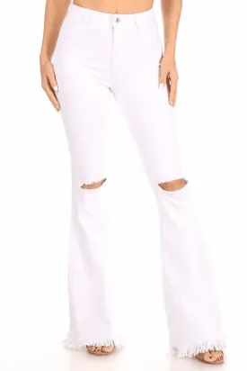 GP3325 Stretch high waist bell bottom with ripped knee & frayed hem