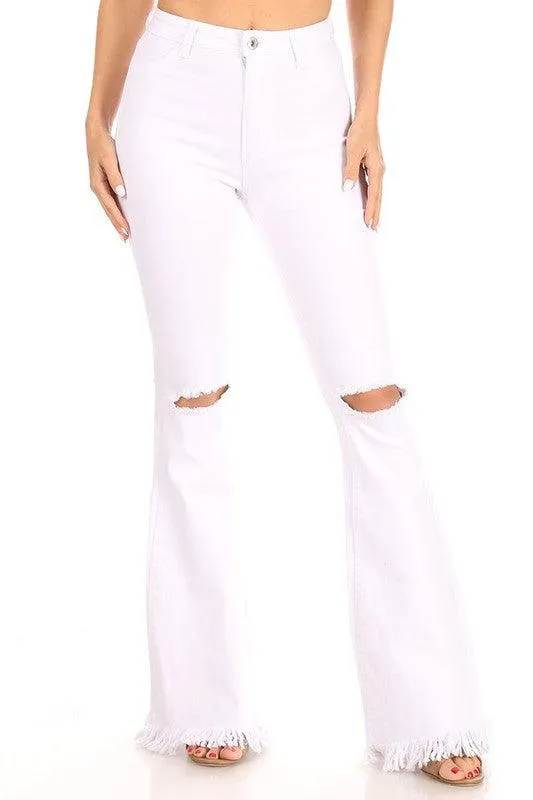 GP3325 Stretch high waist bell bottom with ripped knee & frayed hem